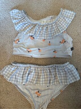Girls Light Blue Gingham Ruffle Bikini with Orange Print